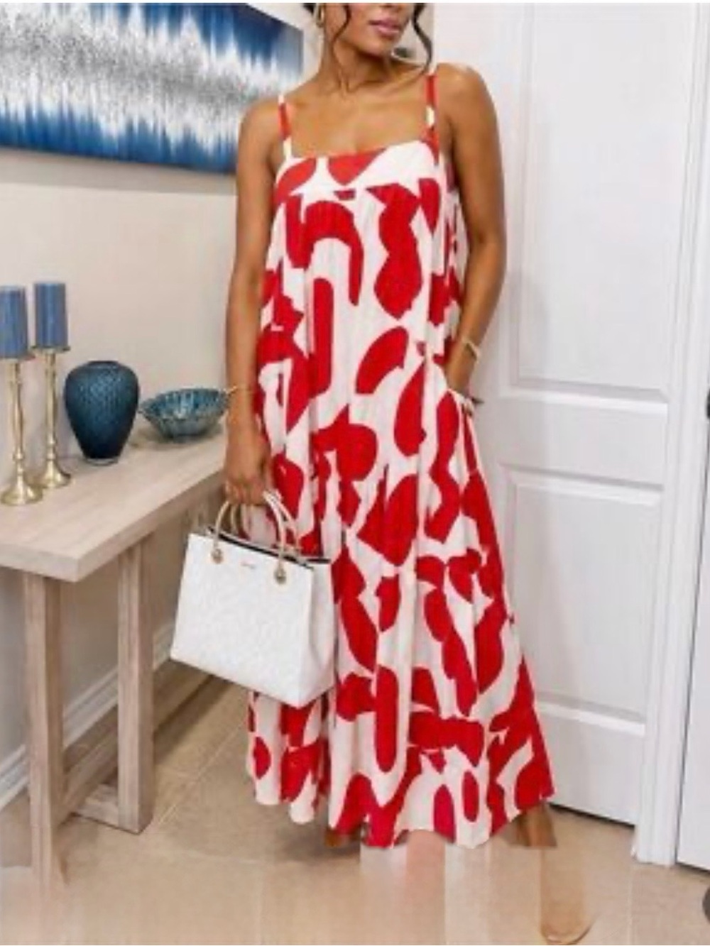 Abel the Label Spaghetti Strap Red & White Abstract Maxi Dress